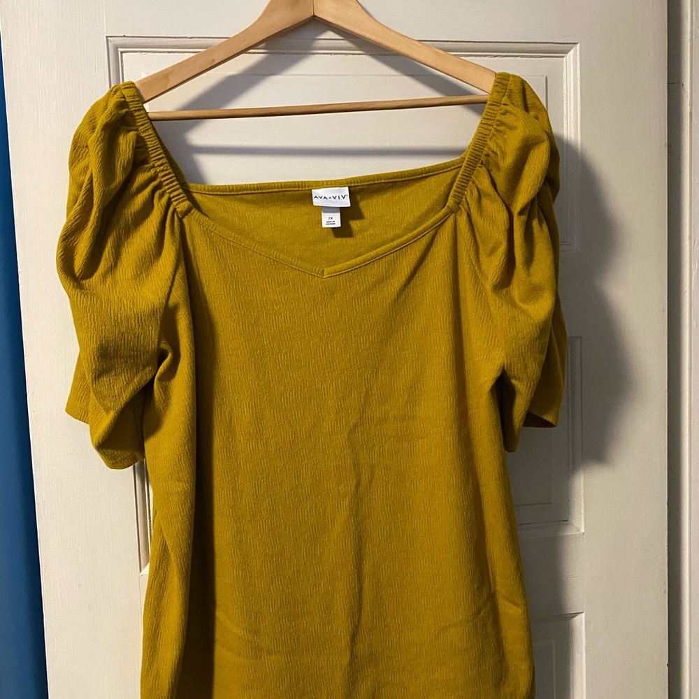Ava & Viv Yellow Puff Sleeve Ruched Blouse